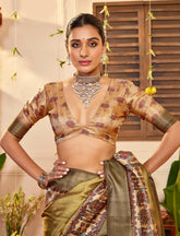 French Beige Tussar Silk Tribal Print Saree-4458